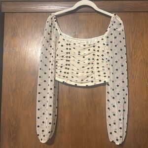 Style Rack Crop Top Jr Medium Cream Black Polkadot Ruched Mesh Puff Sheer Sleeve